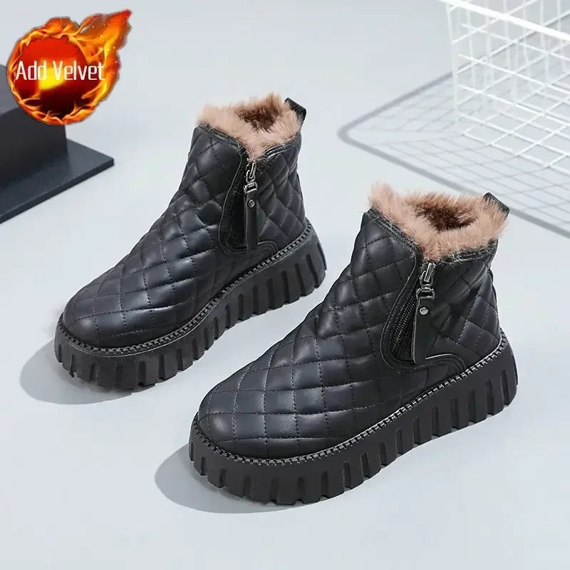 Woman Shoes Round Toe Elegant With Medium Heels Platform Snow Boots for Women Chunky Demi-season Anti Slip New In Spring Autumn