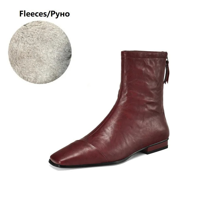 NEW Autumn/Winter Women Boots Square Toe Low Heel Shoes Genuine Leather Shoes for Women Concise Zipper Short Boots Modern Boots