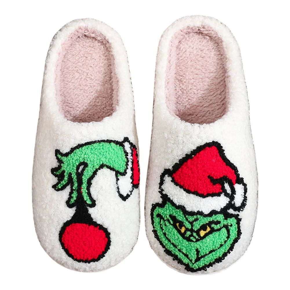 For Grinch Plush Slippers Flat Thermal Slippers Comfortable Fluffy Home Slippers Furry Green Monster Slippers for Autumn Winter