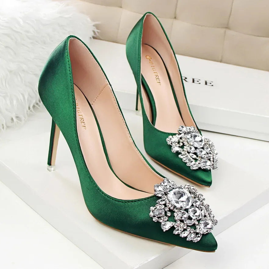 Women 10cm High Heels Sexy Rhinestone Green Pink Gray Pointed Toe Pumps Lady Silk Satin Escarpins Elegant Wedding Evening Shoes