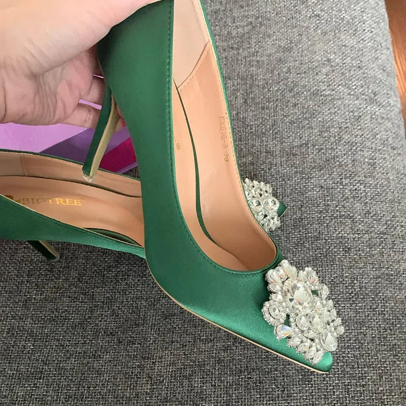 Women 10cm High Heels Sexy Rhinestone Green Pink Gray Pointed Toe Pumps Lady Silk Satin Escarpins Elegant Wedding Evening Shoes