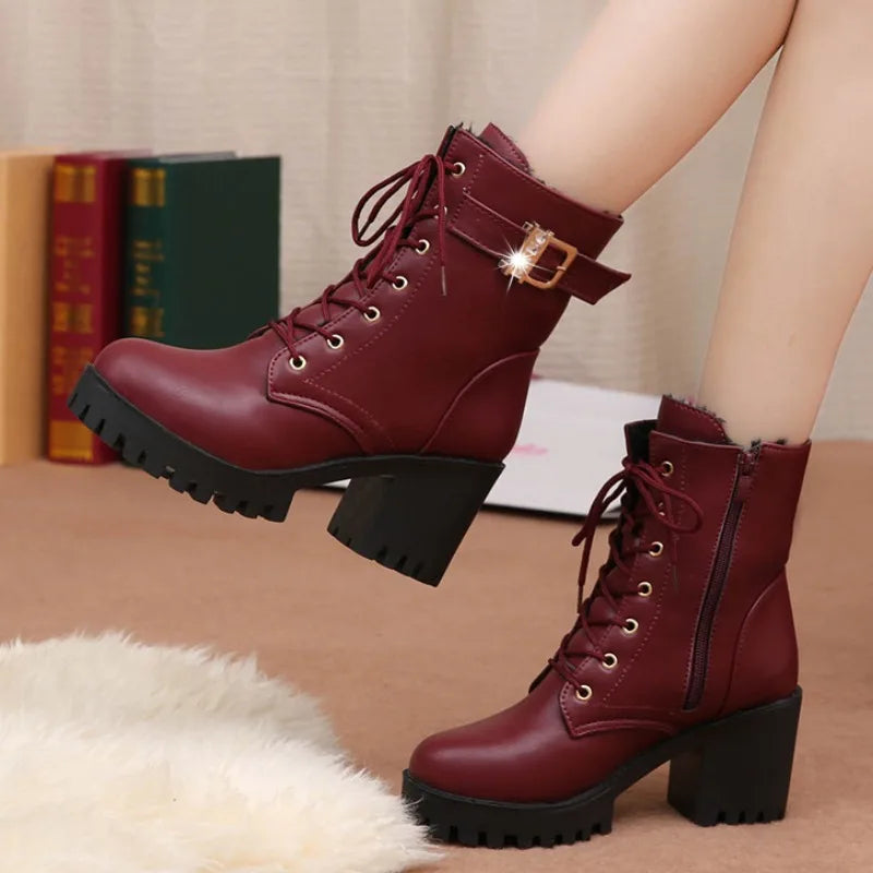Autumn Winter Platform Lace Up Women Mid Calf Boots Thick High Heel Fashion Short Boots High Heel Leather Botas for Women D376