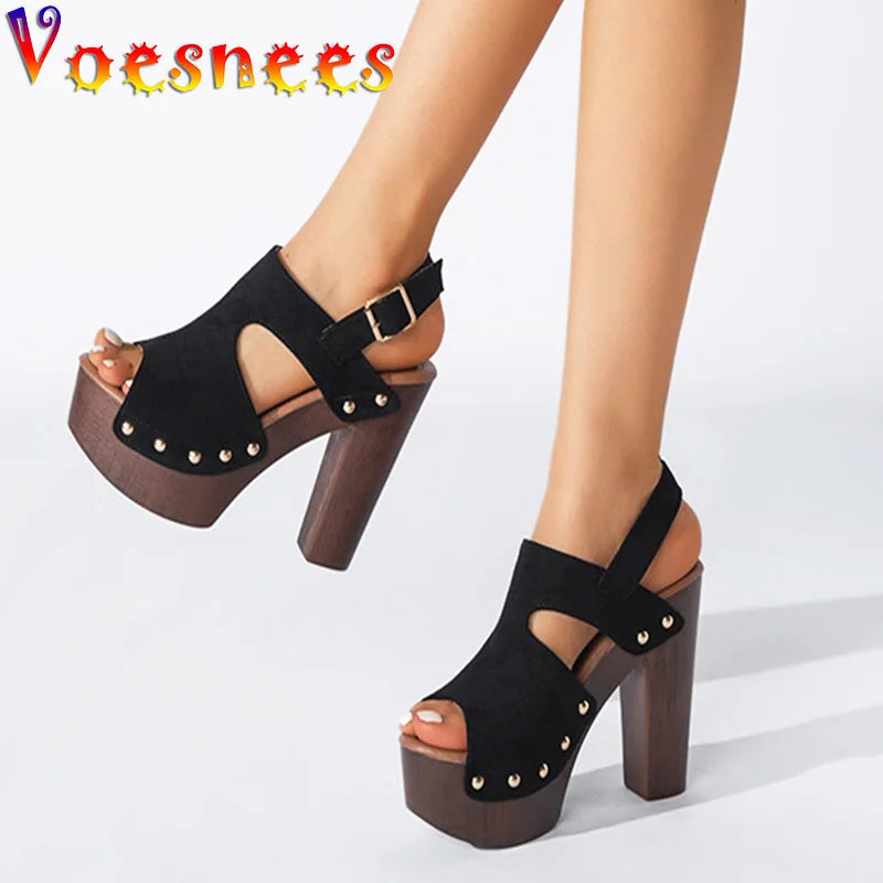 Plus Size Thick Heel Suede Sandals Women's Versatile Comfortable Platform High Heels Rome Style Newest Solid Color Rivet Shoes