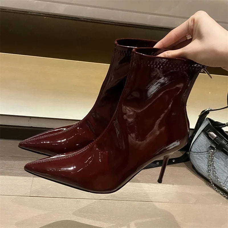 Eilyken Street Style Thin High Heels Ankle Boots Women Patent Leather Autumn Winter Zipper Shoes Sexy Banquet Prom Pumps
