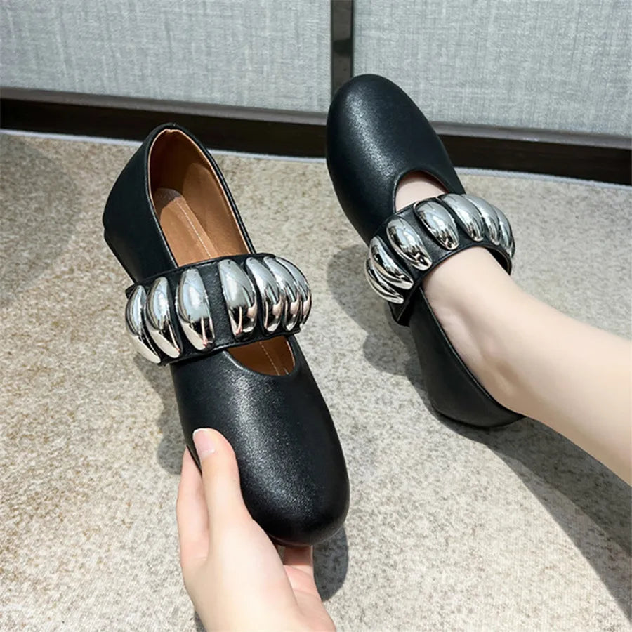 White Women Ballet Flats Comfortable Dance Shoes Woman 2025 Lazy Walking Loafers Flat Espadrilles Ladies Metal Button Mary Janes