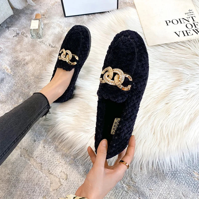 Winter Thicken Soled Wool Shoes Woman Plush Fur Flats Cotton Loafers Ladies Brand Crystal Chain Moccasin Femme Lambswool Sneaker