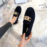Winter Thicken Soled Wool Shoes Woman Plush Fur Flats Cotton Loafers Ladies Brand Crystal Chain Moccasin Femme Lambswool Sneaker