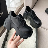 Platform Wedge Sneakers Chunky Shoes PU Leather Women Black Shoes 2023 Spring Autumn Walking Sneakers Fashion Women Tennis Shoes
