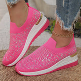 Orange Rhinestone Casual Sneakers Breathable Wedge Women Lightweight Shoes Slip On 2024 New Comfortable Spring Mesh Sports Shoes