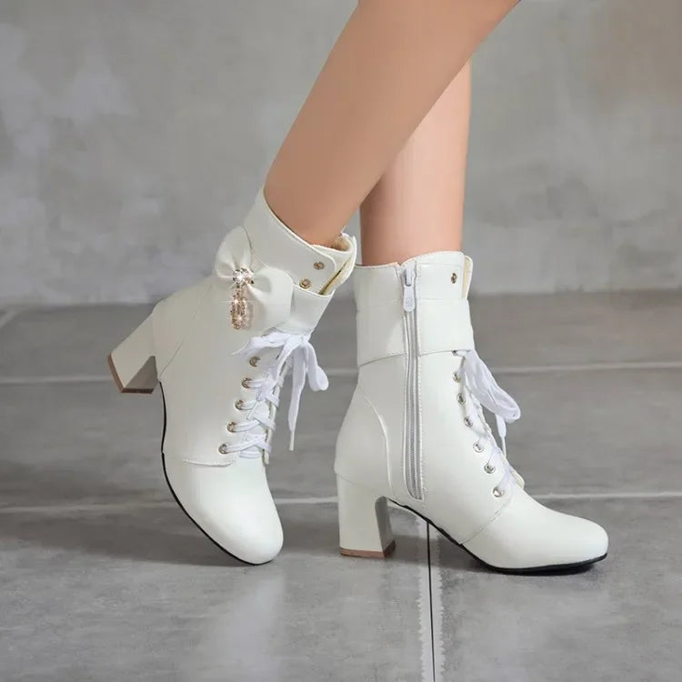 winter fashion British style Round head High heels women boots black white Pink sweet Butterfly-knot High heels Women boots