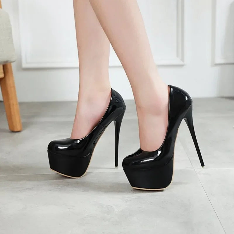 Platform Heels Women Wedding Shoes Female Sexy Thin High Heels 16cm Pumps Women Black Patent Leather Ladies Shoes Plus Size35-43