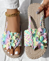 Slippers Women Ombre Floral Pattern Braided Casual Shoes Vacation Flat Holographic Braided Floral Pattern Toe Beach Flip Flops