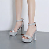 Sexy High Heels Platform Sandals For Women Silver Fashion Open Toe Crystal Buckle Thick Heel Wedding Party Female Designer Shoes