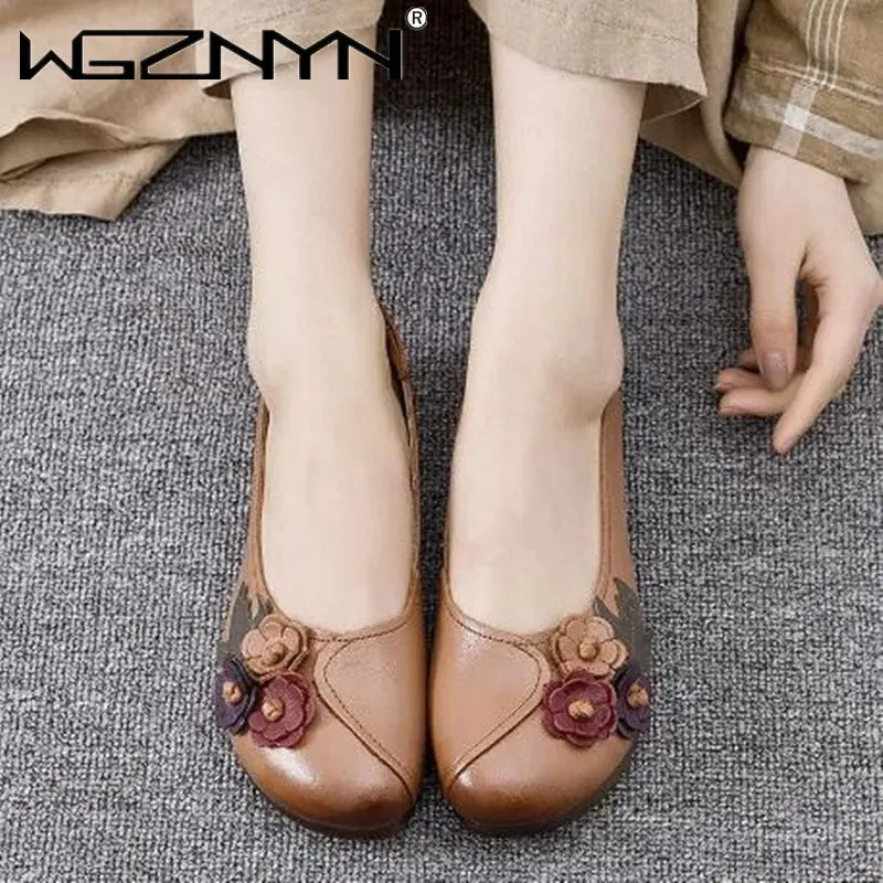 2023 Vintage Floral Ballet Flats Women's Genuine Leather Shallow Shoes Mom Driving Loafers Ladies Retro Cozy Moccasins Sneakers
