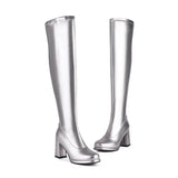 Ochanmeb Size 32-48 Women Golden Thigh High Boots Full Zipper Thick High-heeled Round Toe Silver Overknees Boots Red White Shoes