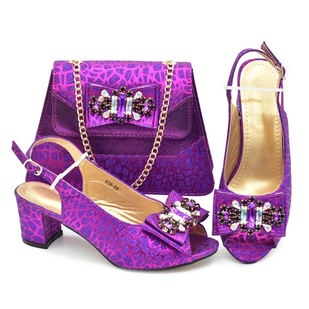 New Design Italian Shoes and Bag for Party 2024 Red Color Rhinestones Elegant Woman Peep Toe High Heels Italy Shoe and Bags Set