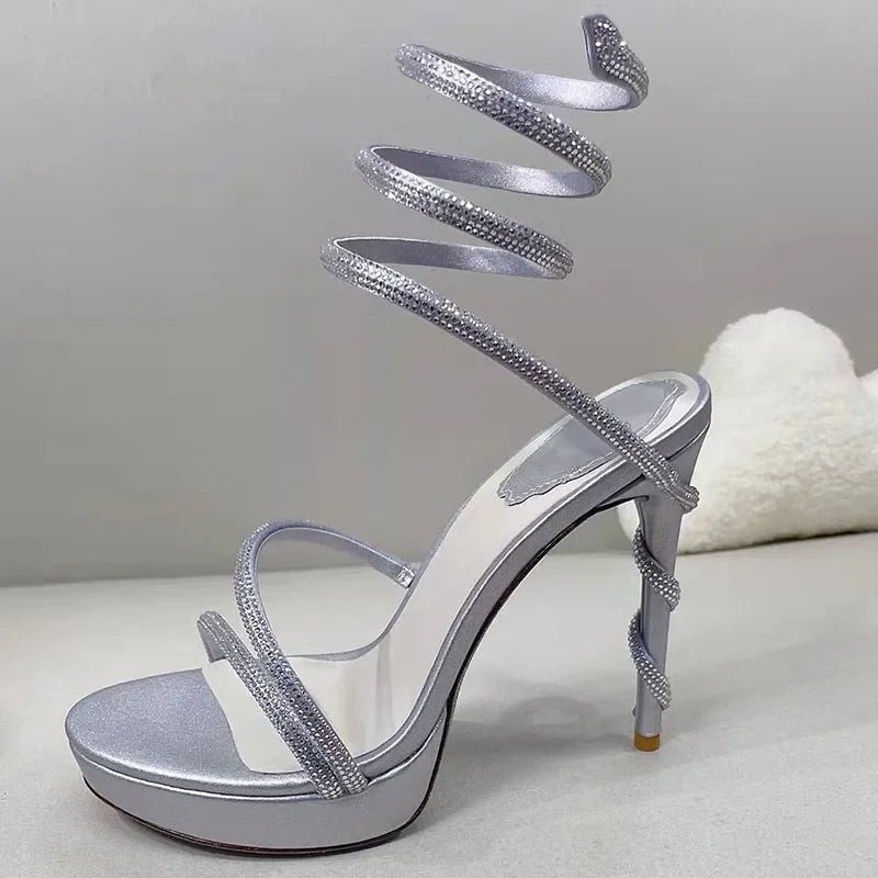 Summer Platform Sandals Woman Rhinestone Ankle Snake Twine Around Wedding Shoes Women High Heels Gladiator Sandals Women