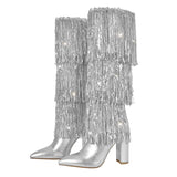 Onlymaker Women Pointed Toe Gold Fringe Metallic Slim Knee Boots Sexy Dance Party Dress Chunky Heel Boots