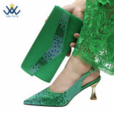Coffee Color Fashion Italian Women Shoes and Bag Set High Quality New Full Shinning Crystal Slingbacks Pumps for Wedding