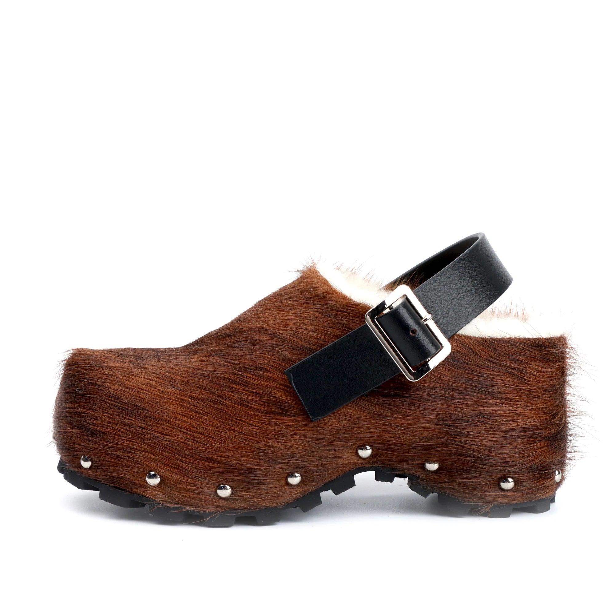 Italy Winter Shoes Women Designer Fur Sandals Calf Hair Platform Clogs Luxury with Wool Lined Slip On Mules with Leather Strap