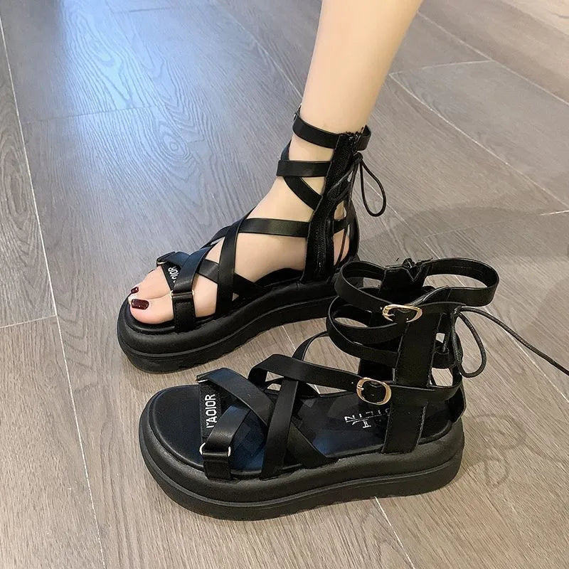 Women'S Sandals, Summer Thick Soles, Cross Woven, Versatile, Back Zippered, Casual Street Style