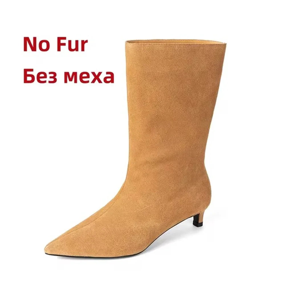 FEDONAS Pointed Toe Stiletto Geuine Leather Boots for Women Mid-calf Tube Shoes Fashion Autumn Winter Knight Boots Party Shoes