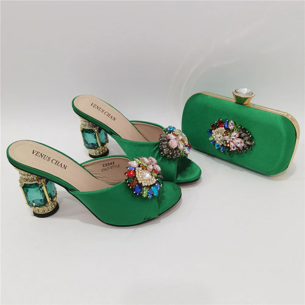 Classic Green Color Pointed Wine Glass Heel Design Ladies Shoes Dual-Use Ladies Bags Wedding Party Shoes Bag