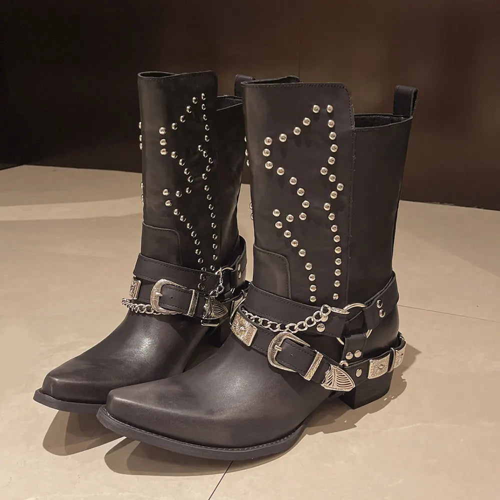 Brand New 2024 Vintage Maillard Style Boots Retro Wasteland Culture Cowboy Boots Women Square Heels Mid-calf Western Boot Shoes