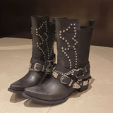 Brand New 2024 Vintage Maillard Style Boots Retro Wasteland Culture Cowboy Boots Women Square Heels Mid-calf Western Boot Shoes