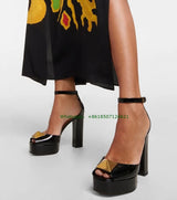 New Square Toe Satin Rivets Chunky Heel Sandals Thick Bottom Peep Toe Patent Leather High Heels For Women