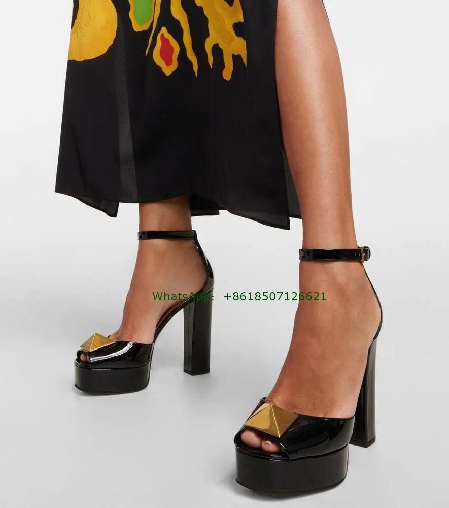 New Square Toe Satin Rivets Chunky Heel Sandals Thick Bottom Peep Toe Patent Leather High Heels For Women