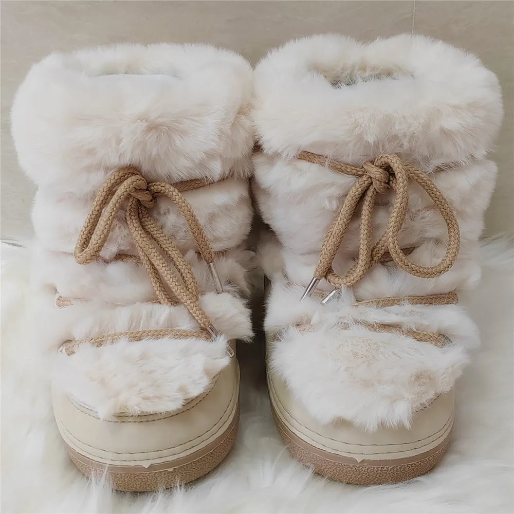 2024 Winter Boots Women Ankle Ski Boots Brand Design Platform Waterproof Lace-up Fur Boots Woman Fluffy Furry Fox Fur Snow Boots