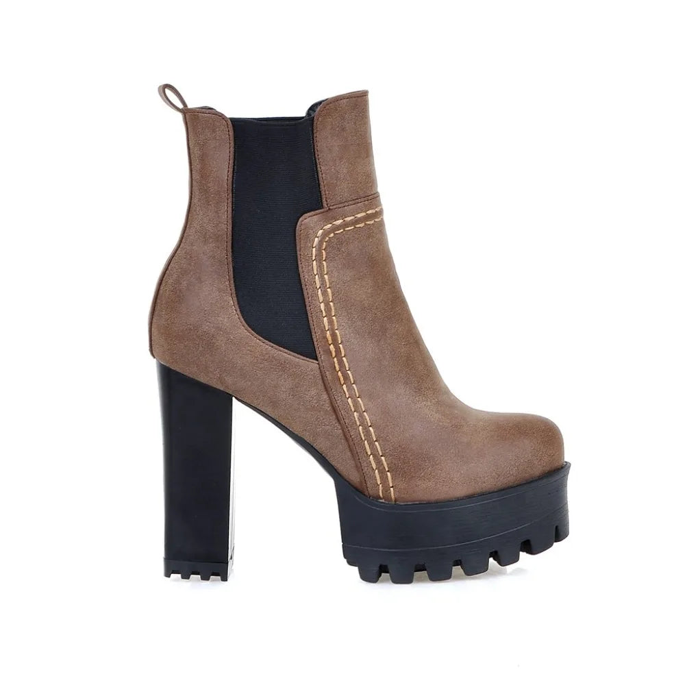 Fashion Ankle Boots for Women Platform Round Toe High Heels Short Boot Female Punk PU Grey Brown Vintage Autumn Winter Shoes