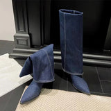 Chunk Leather High Boots Women Knee High Pointer Toe Heels Shoes Woman Trend Chelsea Boots New Pumps Mujer Snow Gladiator Botas