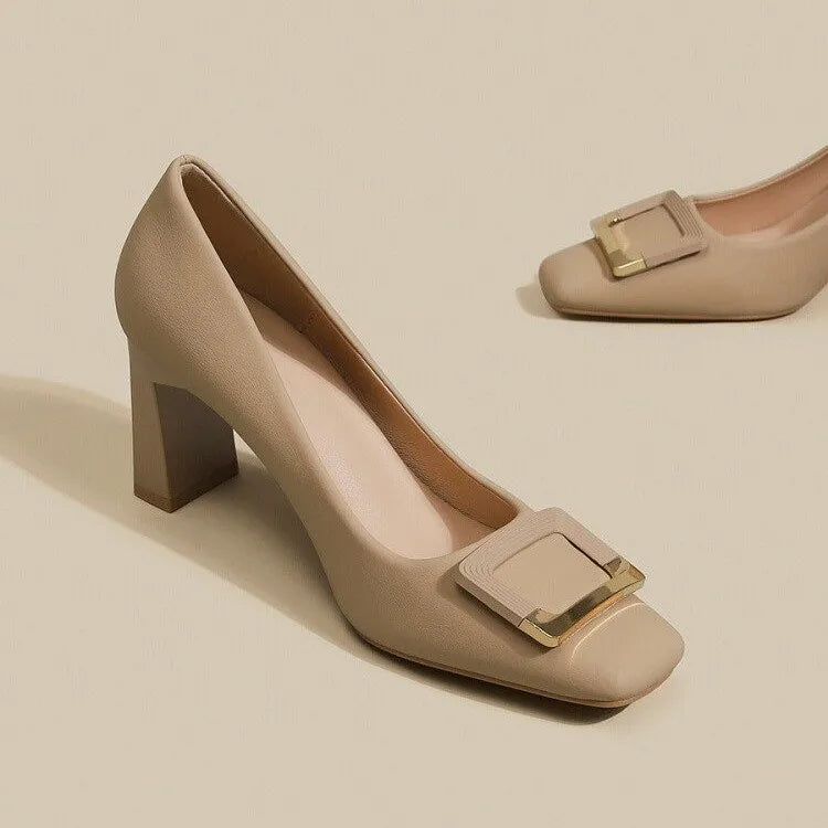 Spring new square head thick heels women's shallow mouth buckle single shoes professional shoes high heels