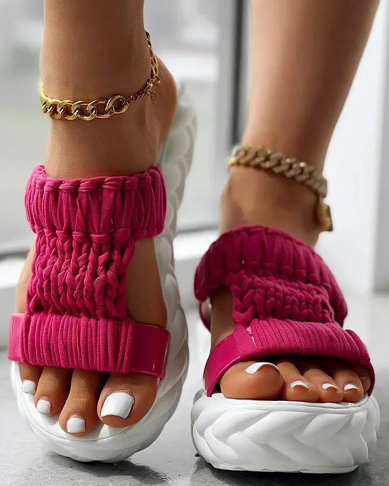 Slippers Women Braided Peep Toe Platform Sandals Summer Gladiator Sandals Shoes Thick Heels Ladies White Sandalias Casual