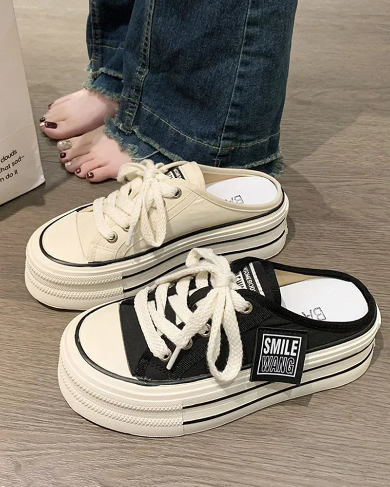 Height Increasing Platform Slippers Women Summer Outer Wear New Heel Free White Slides Canvas Shoes Slipper Slip on Sandals 5cm