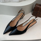 SUOJIALUN Summer New Women Sandal Fashion Pointed Toe Shallow Slip On Ladies Elegant Slingback Shoes Thin Med Heel Dress Mules