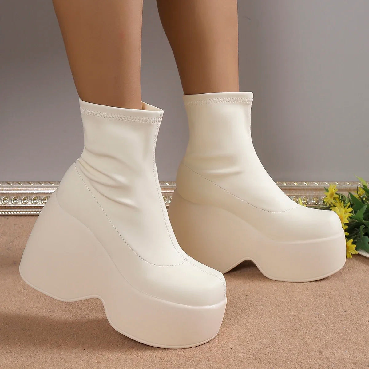 12CM High Heel Short  Boot for Womens Sexy Chunky Platform Soft Leather Ankle Boots Walking Comfy Matsuke Sole Punk Shoes