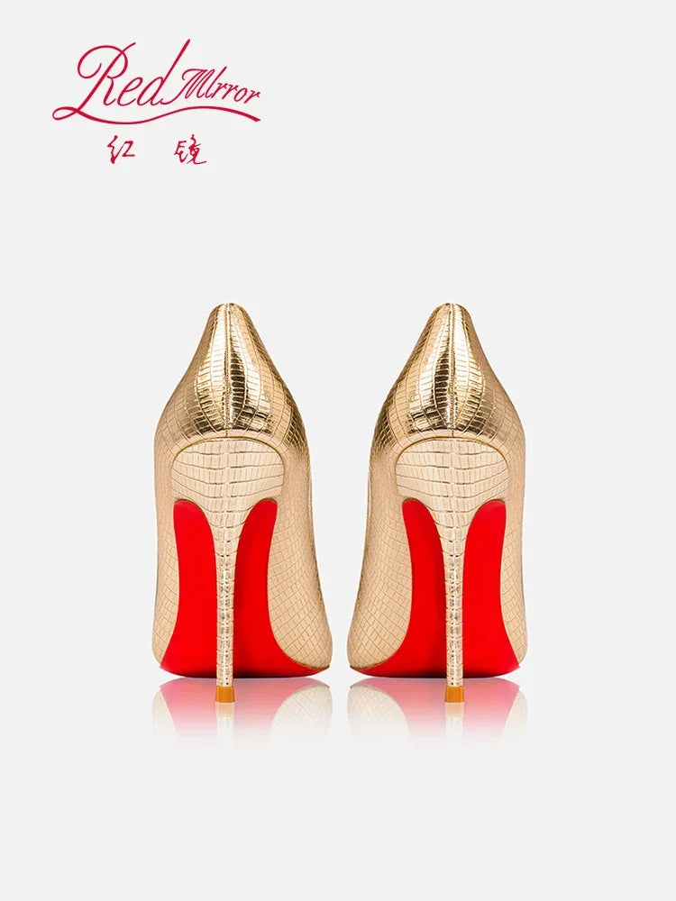 New Red Bottom Lizard Pattern Embossed Gold Pointed Shallow Mouth Fine Heel Sexy Banquet Dress High Heels Single Shoes