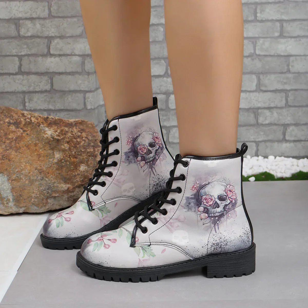 Women's Printed Short Boots Autumn/Winter New Fashion Skull Head Printed Comfortable Casual Shoes Luxury Travel Durable