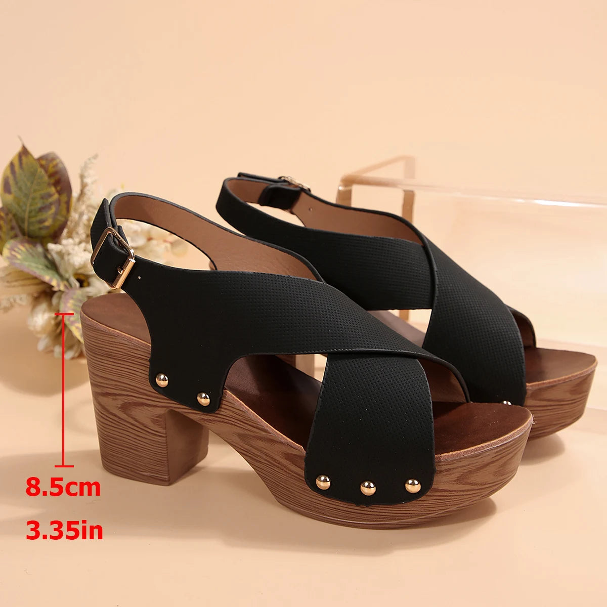 2024 New Women's Sandal Platform Heeled Shoes Brown Slingback Shoes Peep Toe Chunky Heel Studded Platform Sandals
