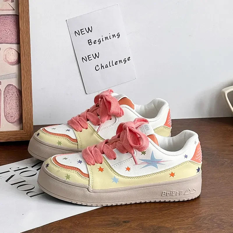 SHANPA Star Print Platform Sneakers Pu Leathers White Low-top Athletic Shoes Fashion Niche Casual Versatile Women Sport Sneaker