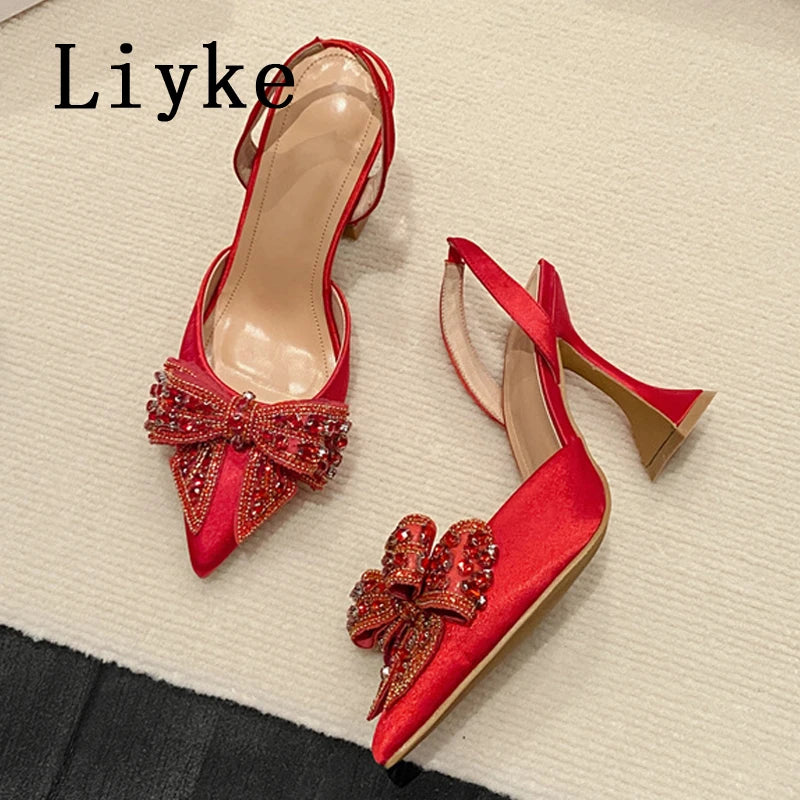 Liyke Spring Summer Fashion Rhinestone Bowknot Women Pumps Sexy Silk Pointed Toe Strange High Heels Party Prom Shoes Gold Silver
