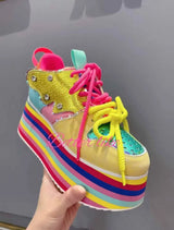 Spring Autumn Women Colourful Sneakers High Platform Shoes Heels Chunky Casual Dad Shoe Genuine Leather Thick Bottom Fashion New