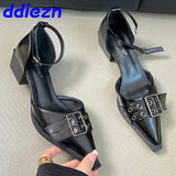 Female Pointed Toe Footwear Ankle Strap Ladies Medium Heels Shoes Shallow New 2025 Fashion Buckle Women 4cm Heels Pumps Shoes