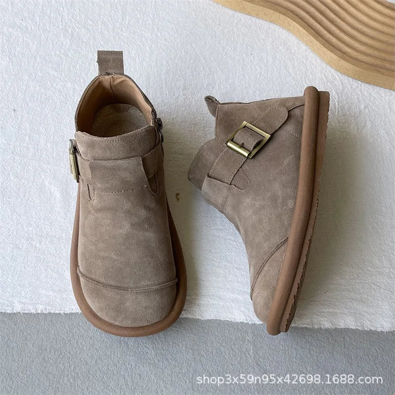 System Cow Suede Women's Boots Retro Cowhide College Leather Shoes for Women Versatile England Single Snow Boots Casual Shoes