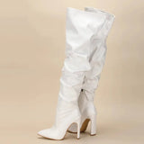 Eilyken – Bottes hautes plissées à bout pointu et fermeture éclair pour femme, chaussures tendance à talons aiguilles carrés, blanches, noires et marron