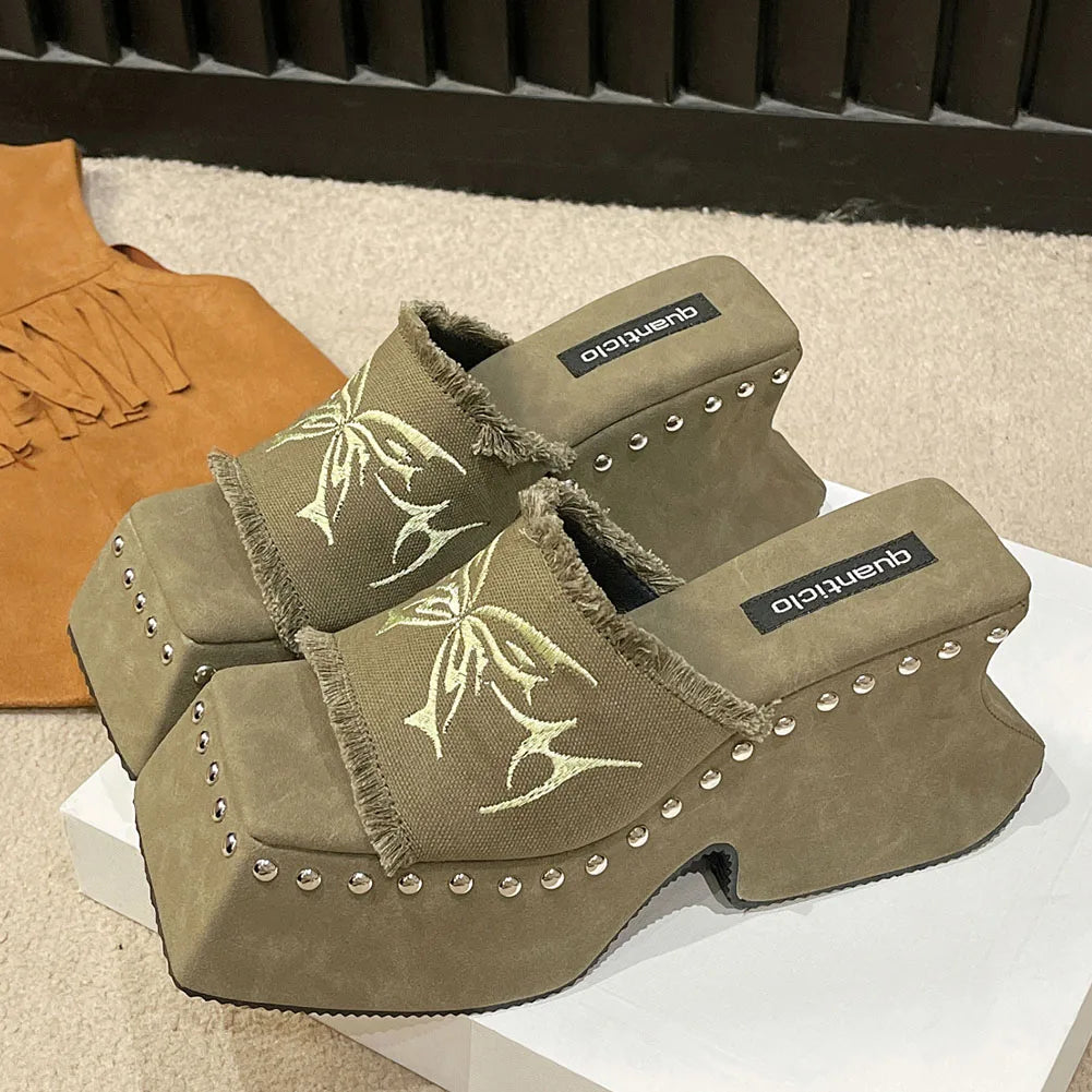 Punk Chunky Heels Mule Shoes Sandals For Women Rivet Platform Slide Sandals Open Toe 2024 Summer Trendy Shoes Street Women Shoes