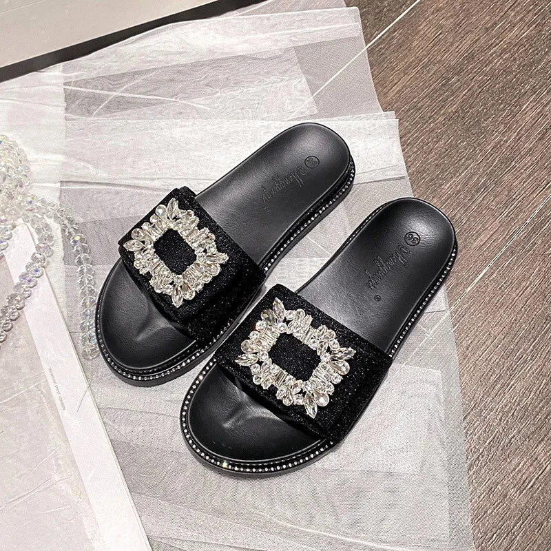 2023 rhinestone crystal buckle slippers women brand design crystal double flip flops female platform slides sandals big size 43